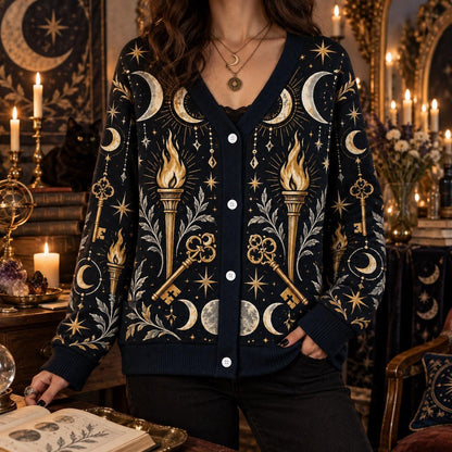 Crossed Keys Torch Hecate Cardigan for Women Triple Moon Pagan Sweater, worn, front view