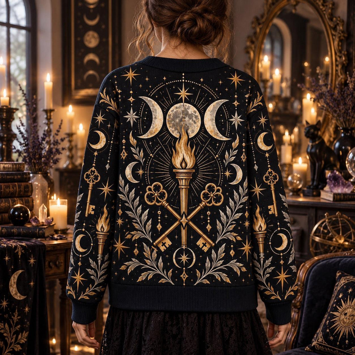 Crossed Keys Torch Hecate Cardigan for Women Triple Moon Pagan Sweater, worn, back view