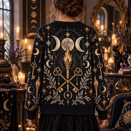 Crossed Keys Torch Hecate Cardigan for Women Triple Moon Pagan Sweater, worn, back view