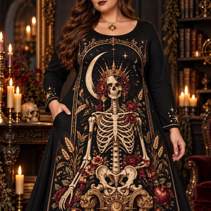 Crowned Skeleton Plus Size Witch Dress – Gothic Rose Long Sleeve Maxi – worn, showing the side pocket