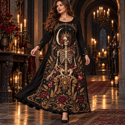 Crowned Skeleton Plus Size Witch Dress – Gothic Rose Long Sleeve Maxi – worn, in motion