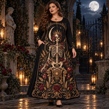 Crowned Skeleton Plus Size Witch Dress – Gothic Rose Long Sleeve Maxi – worn, three quarter view