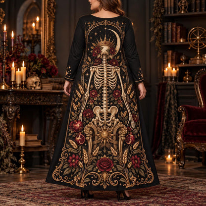 Crowned Skeleton Plus Size Witch Dress – Gothic Rose Long Sleeve Maxi – worn, back view