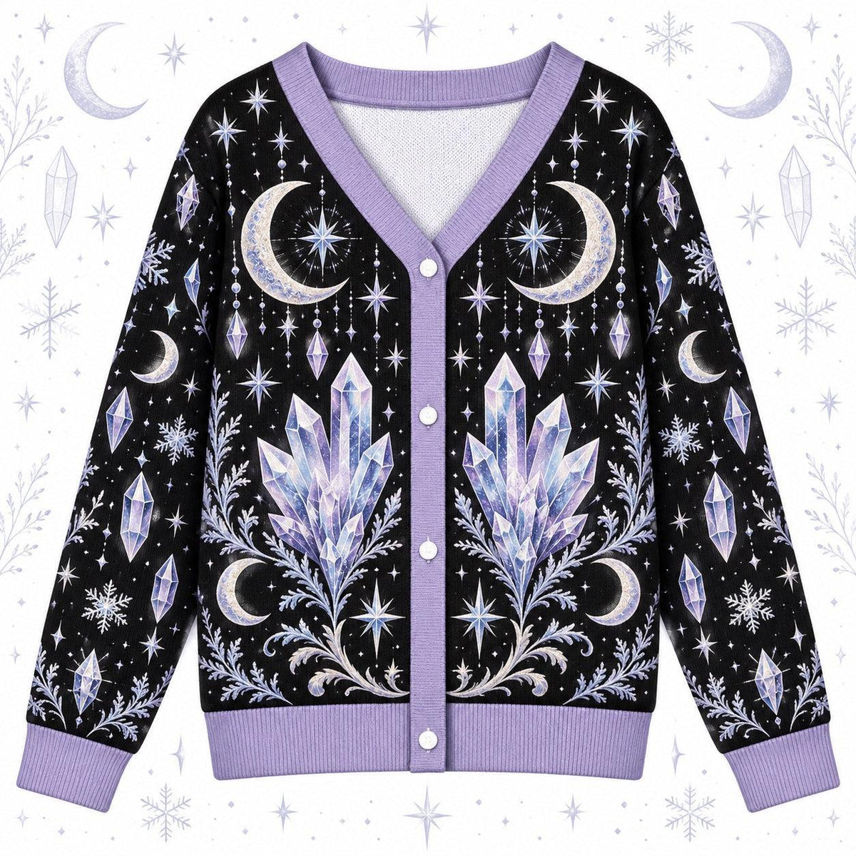 Crystal Cluster Moon Phase Witchy Cardigan for Women Lavender Celestial, front view