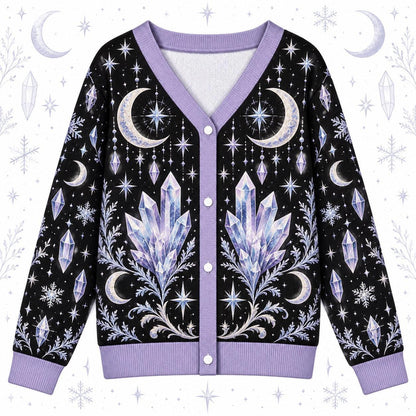 Crystal Cluster Moon Phase Witchy Cardigan for Women Lavender Celestial, front view