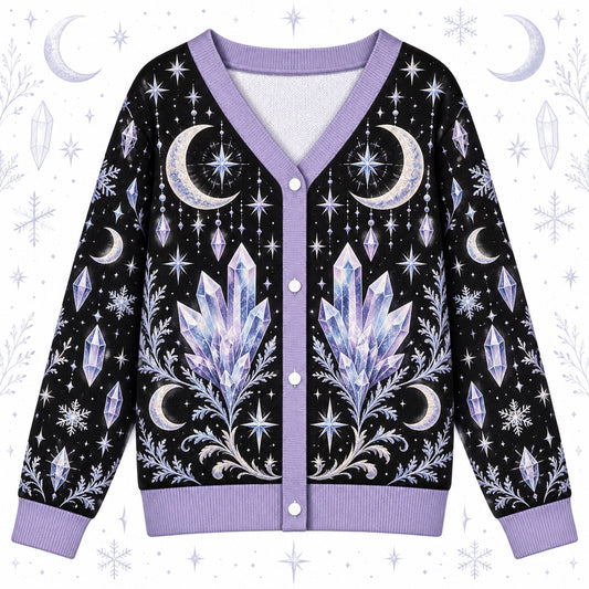 Crystal Cluster Moon Phase Witchy Cardigan for Women Lavender Celestial, front view