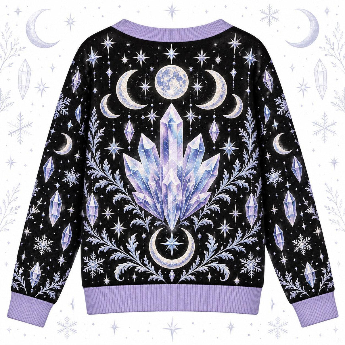 Crystal Cluster Moon Phase Witchy Cardigan for Women Lavender Celestial, back view