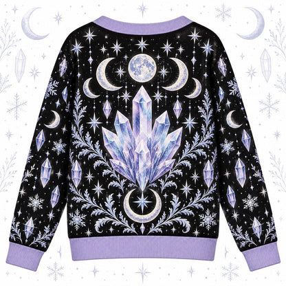 Crystal Cluster Moon Phase Witchy Cardigan for Women Lavender Celestial, back view
