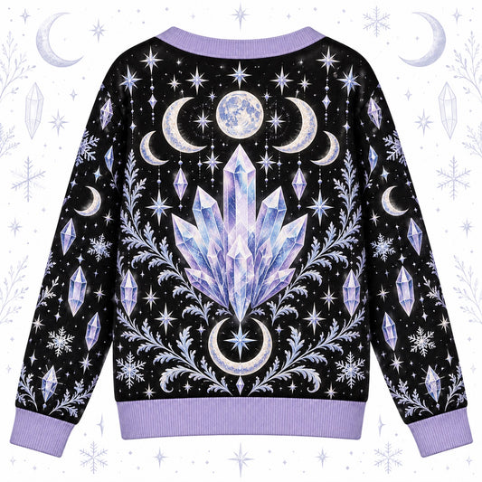 Crystal Cluster Moon Phase Witchy Cardigan for Women Lavender Celestial, back view