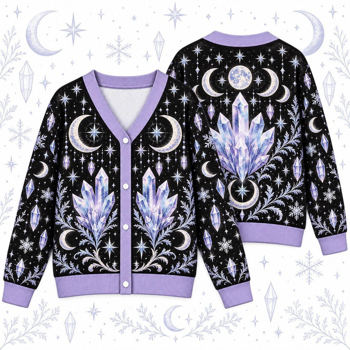 Crystal Cluster Moon Phase Witchy Cardigan for Women Lavender Celestial, front and back shown together