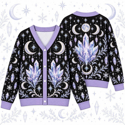 Crystal Cluster Moon Phase Witchy Cardigan for Women Lavender Celestial, front and back shown together