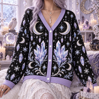 Crystal Cluster Moon Phase Witchy Cardigan for Women Lavender Celestial, worn, front view