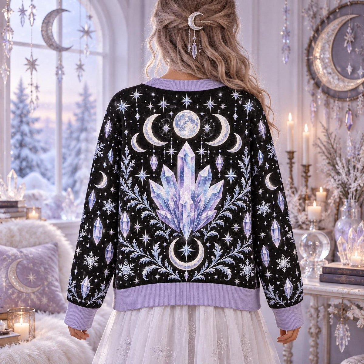 Crystal Cluster Moon Phase Witchy Cardigan for Women Lavender Celestial, worn, back view
