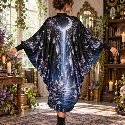 Crystal Moon Waterfall Celestial Batwing Dress – Witchy Gothic Midi – worn, back view