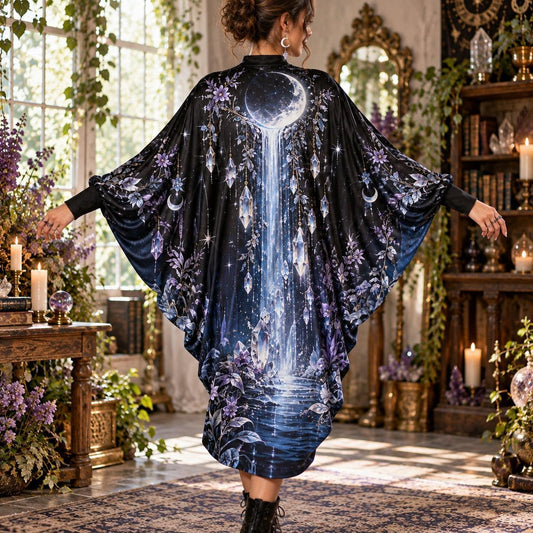 Crystal Moon Waterfall Celestial Batwing Dress – Witchy Gothic Midi – worn, back view