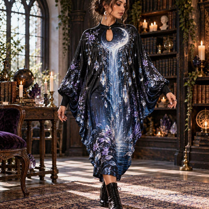 Crystal Moon Waterfall Celestial Batwing Dress – Witchy Gothic Midi – worn, in motion