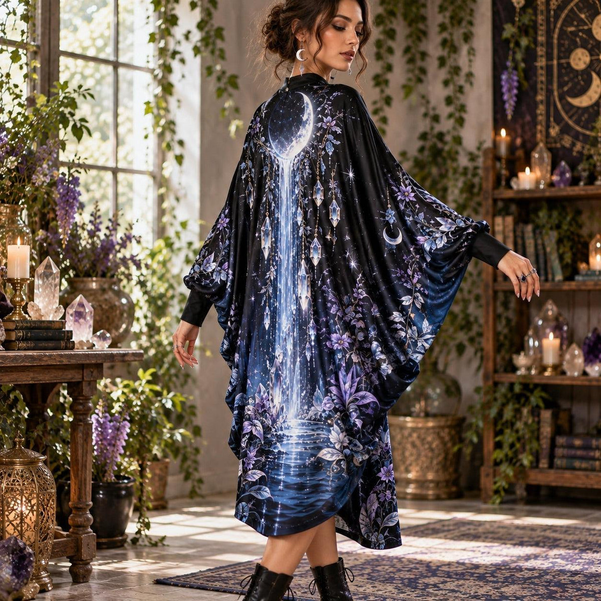 Crystal Moon Waterfall Celestial Batwing Dress – Witchy Gothic Midi – worn, three quarter view