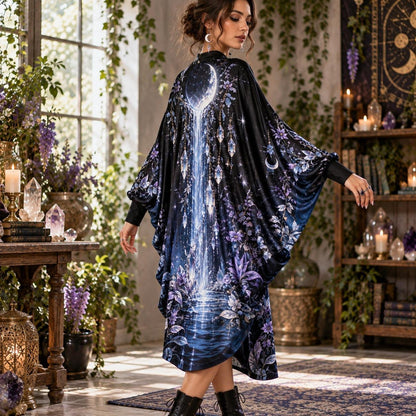 Crystal Moon Waterfall Celestial Batwing Dress – Witchy Gothic Midi – worn, three quarter view