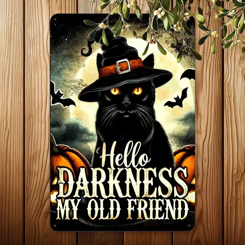 Halloween Decorative Sign Black Cat Wall Art Witchy Cat Metal Sign-MoonChildWorld