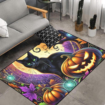 Pumpkin Black Cat Area Rug Witchy Cat Halloween Carpet-MoonChildWorld