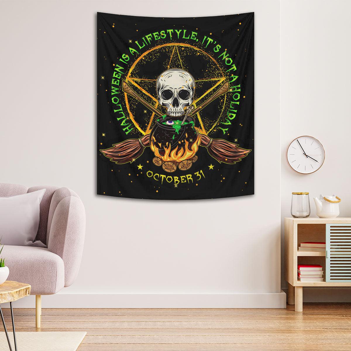 Skull Cauldron Pentacle Witch Tapestry Gothic Halloween Wall Hanging-MoonChildWorld