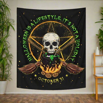 Skull Cauldron Pentacle Witch Tapestry Gothic Halloween Wall Hanging-MoonChildWorld