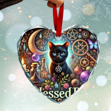 Witchy Black Cat Wiccan Christmas Heart-Shaped Crystal Glass Ornament-MoonChildWorld