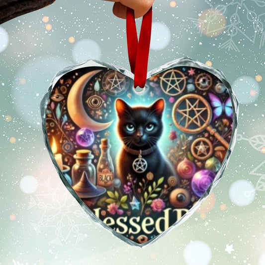 Witchy Black Cat Wiccan Christmas Heart-Shaped Crystal Glass Ornament