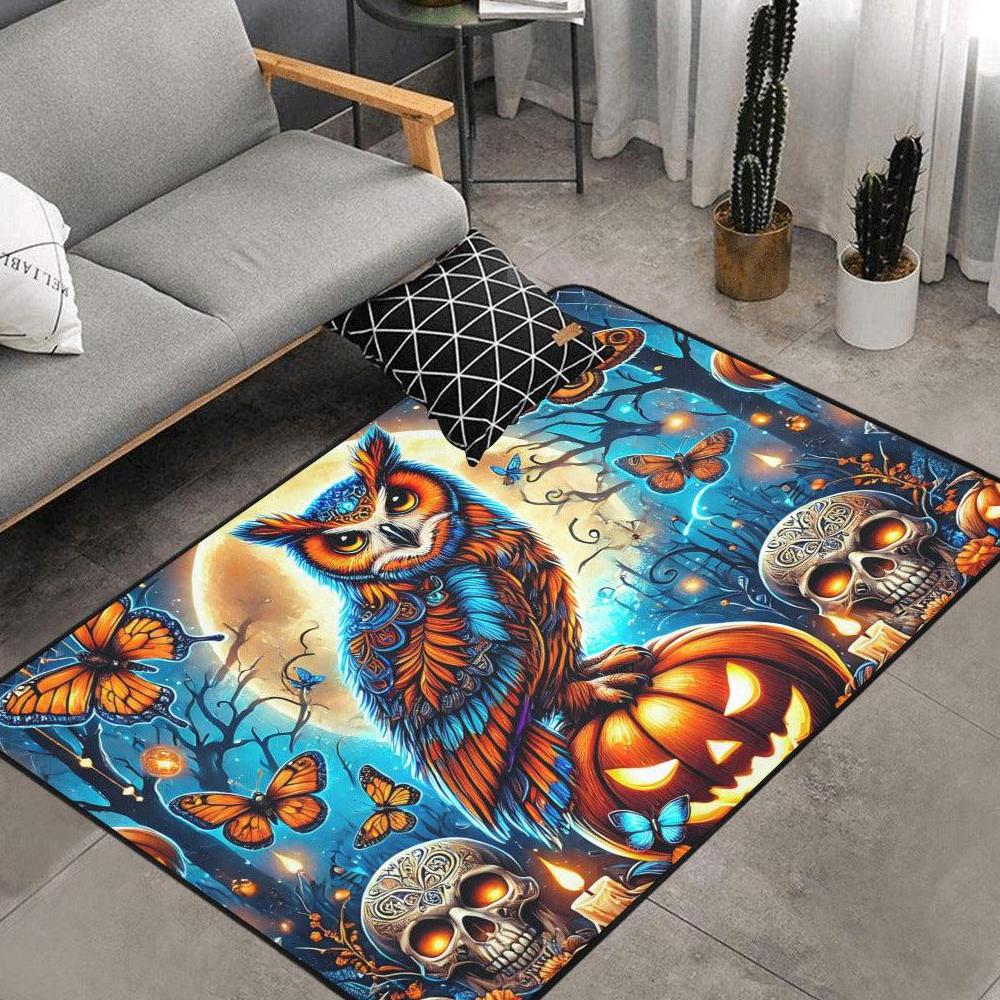 Skull and Witchy Owl Area Rug Gothic Carpet for Halloween-MoonChildWorld