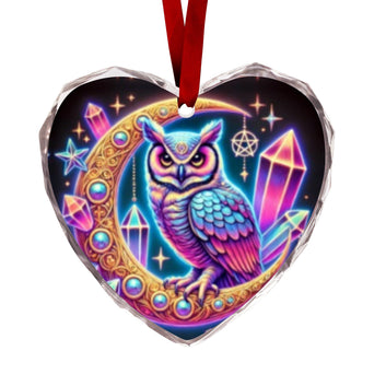 Mystic Moon Owl Wiccan Christmas Heart-Shaped Crystal Glass Ornament