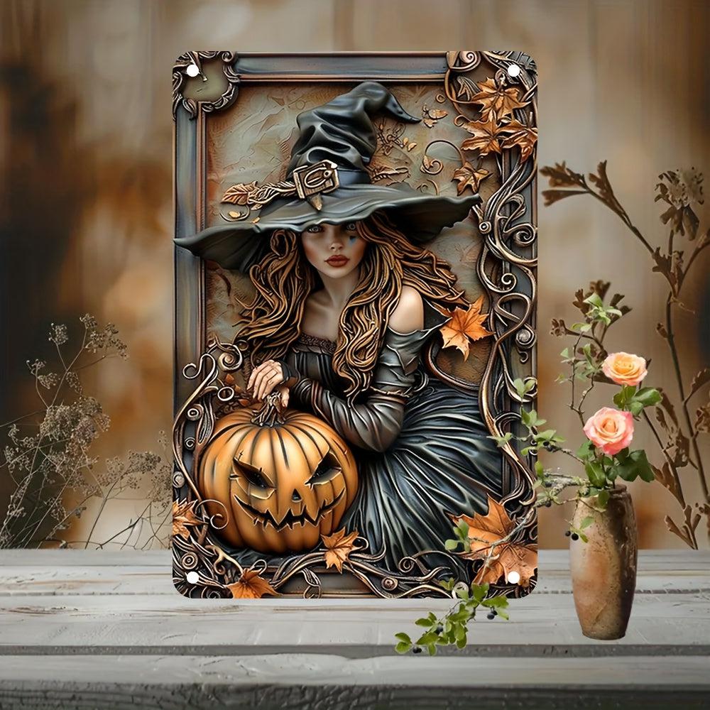 Witch and Pumpkin Halloween Metal Sign Witch Wall Decor-MoonChildWorld