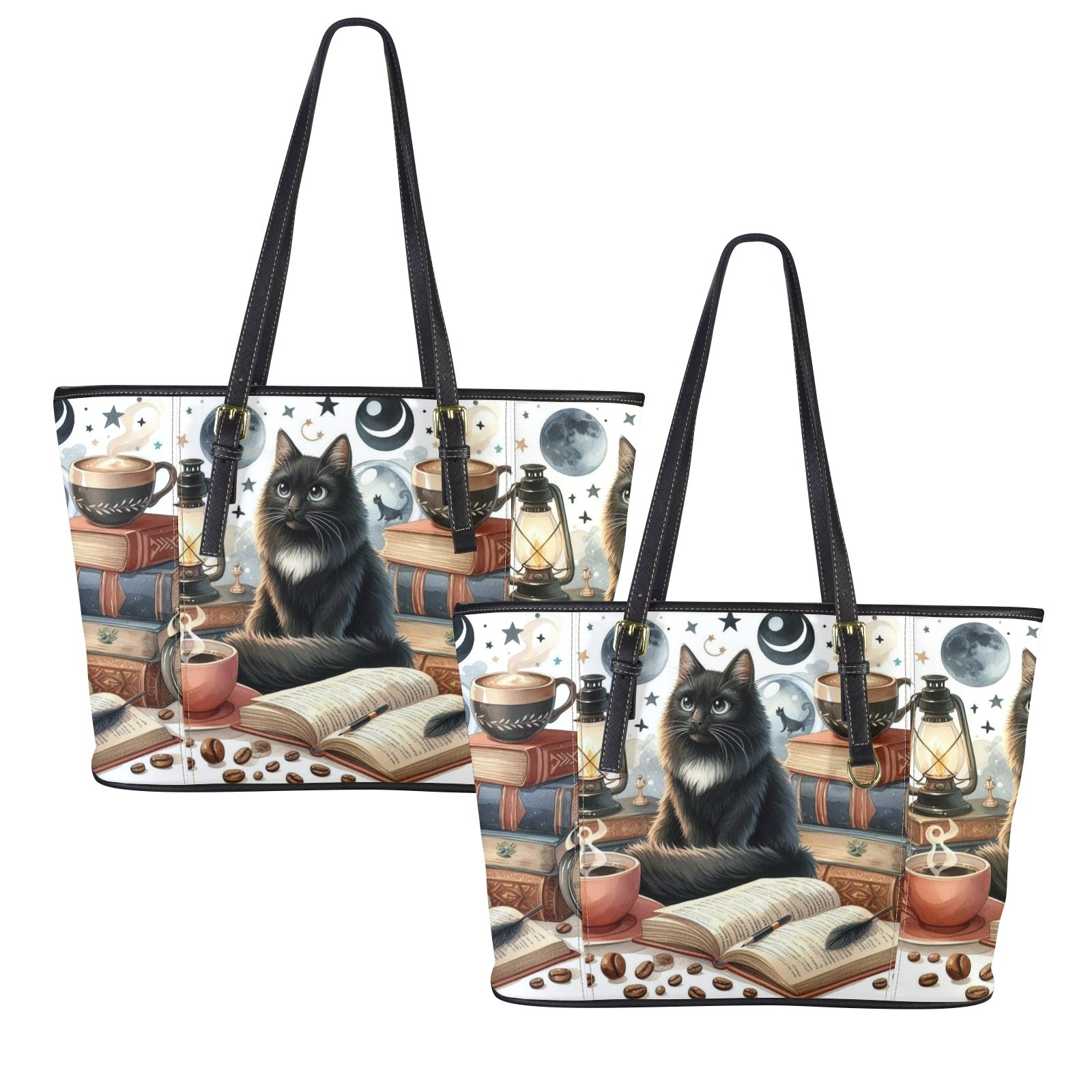 Black Cat Book Coffee Witchy Tote Bag-MoonChildWorld