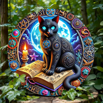 Magic Black Cat on Book of Shadows Metal Sign Occult Cat Decor