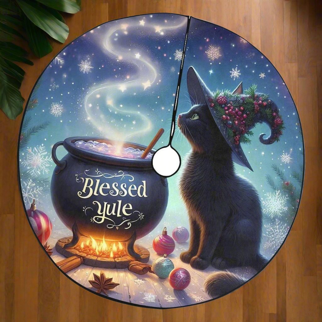 Witchy Cat Christmas Tree Skirt Black Cat Gothic Christmas Tree Skirt-MoonChildWorld