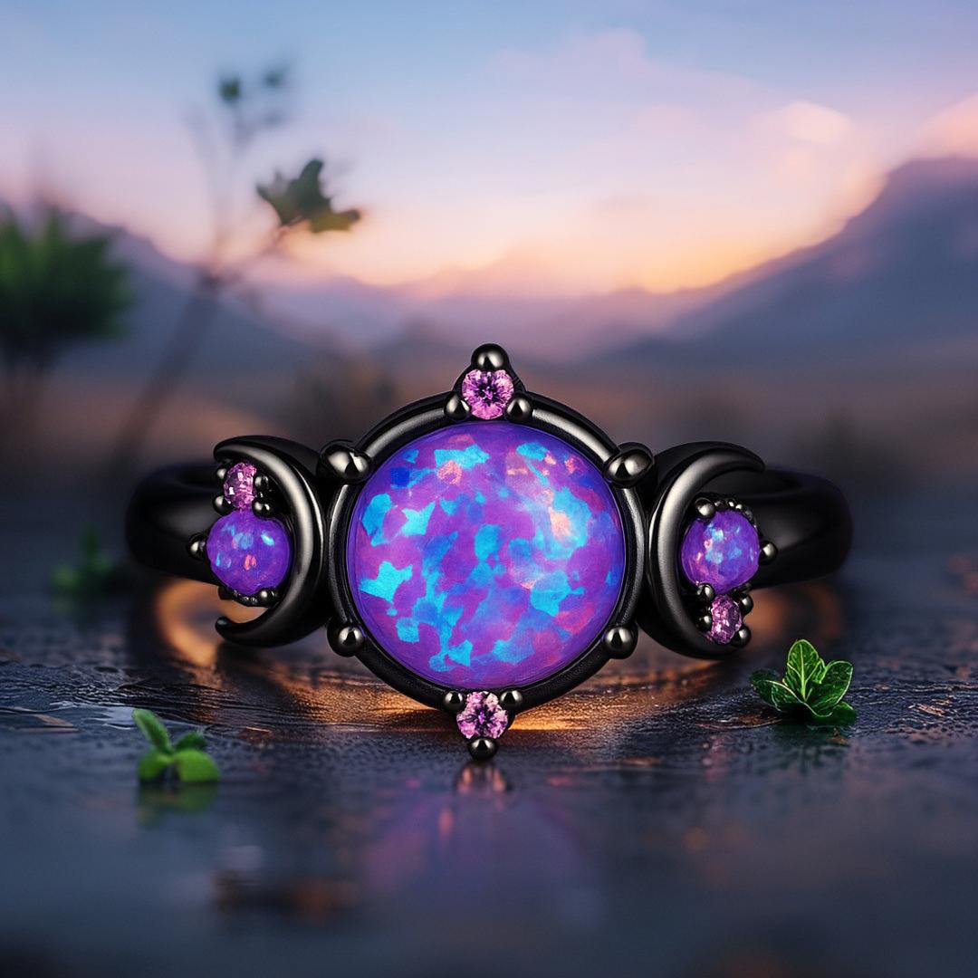Purple Crystal Triple Moon Black Rings for Wiccan - Pagan Jewelry-MoonChildWorld