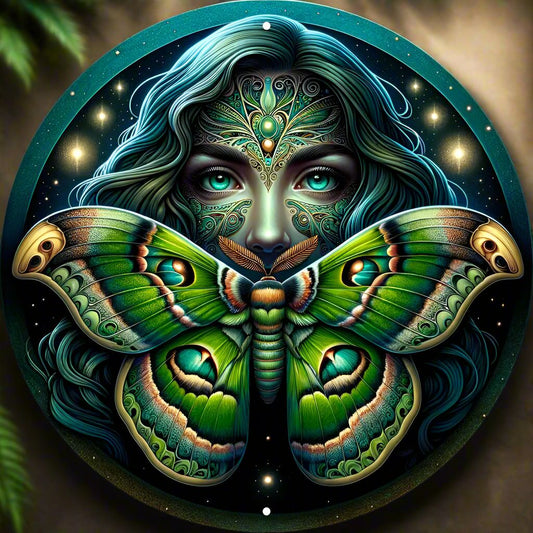 Mystical Butterfly and Goddess Metal Sign Luna Moth Wall Art Sign