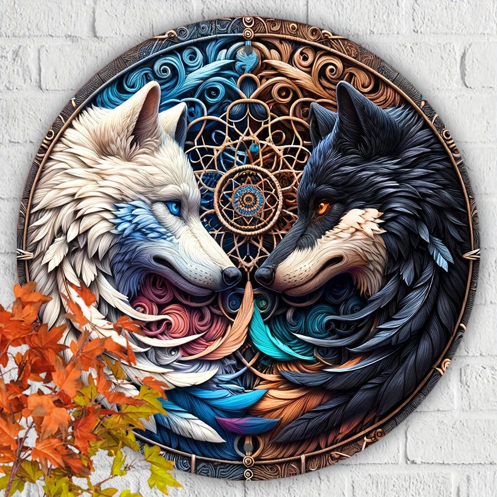 Yin Yang Wolf Metal Sign Black & White Wolves Home Decor-MoonChildWorld