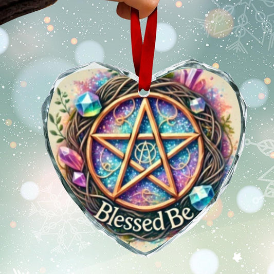 Witchcraft Pentacle Wicca Pagan Yule Heart-Shaped Crystal Glass Ornament