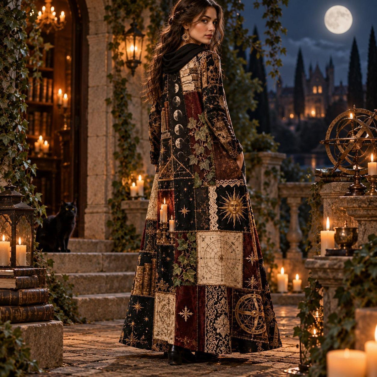 Dark Academia Occult Library Cowl Neck Dress – Gothic Witchy Maxi – close up of the printed artwork