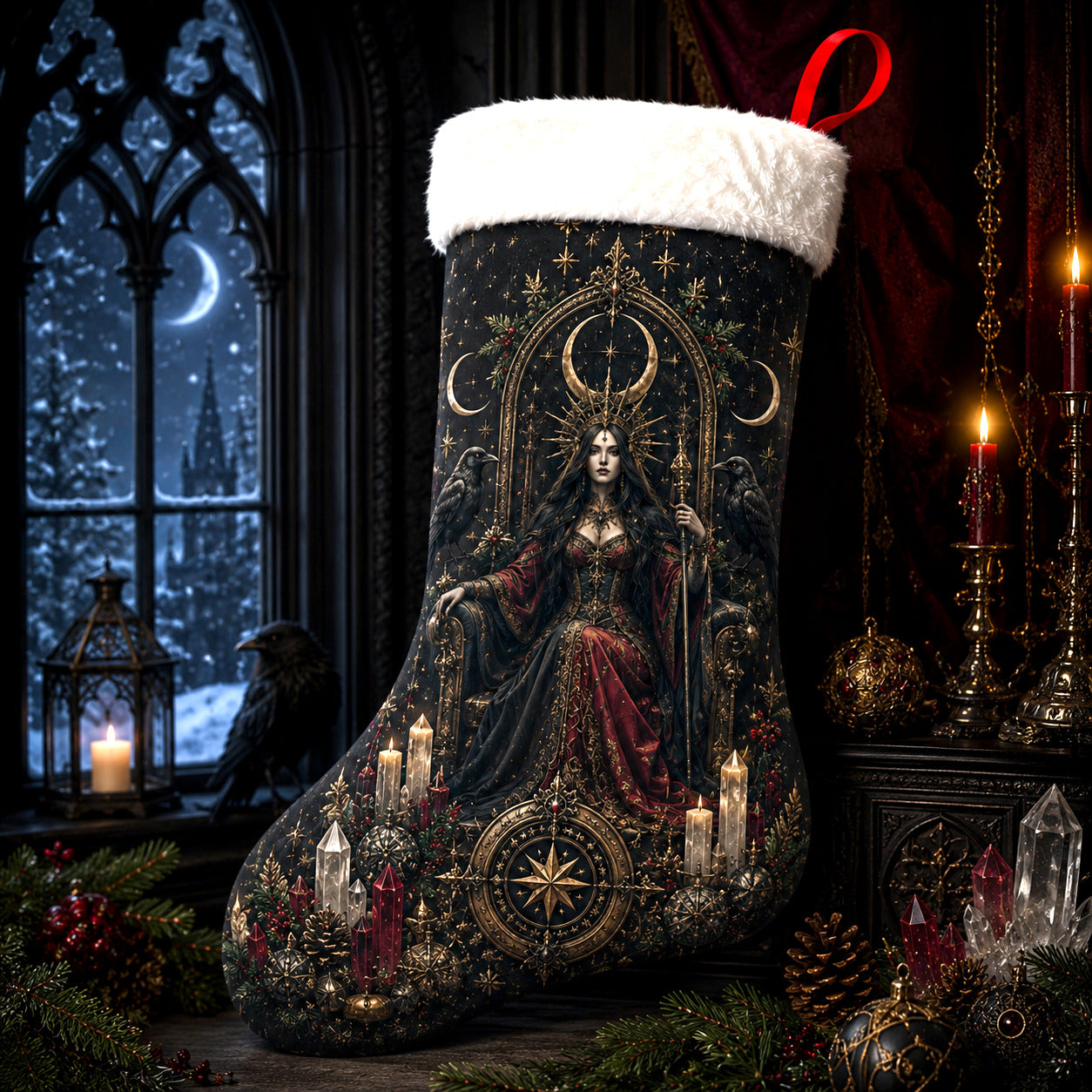 Dark Queen Christmas Stocking Gothic Victorian Witch Yule Decor, styled shot 3