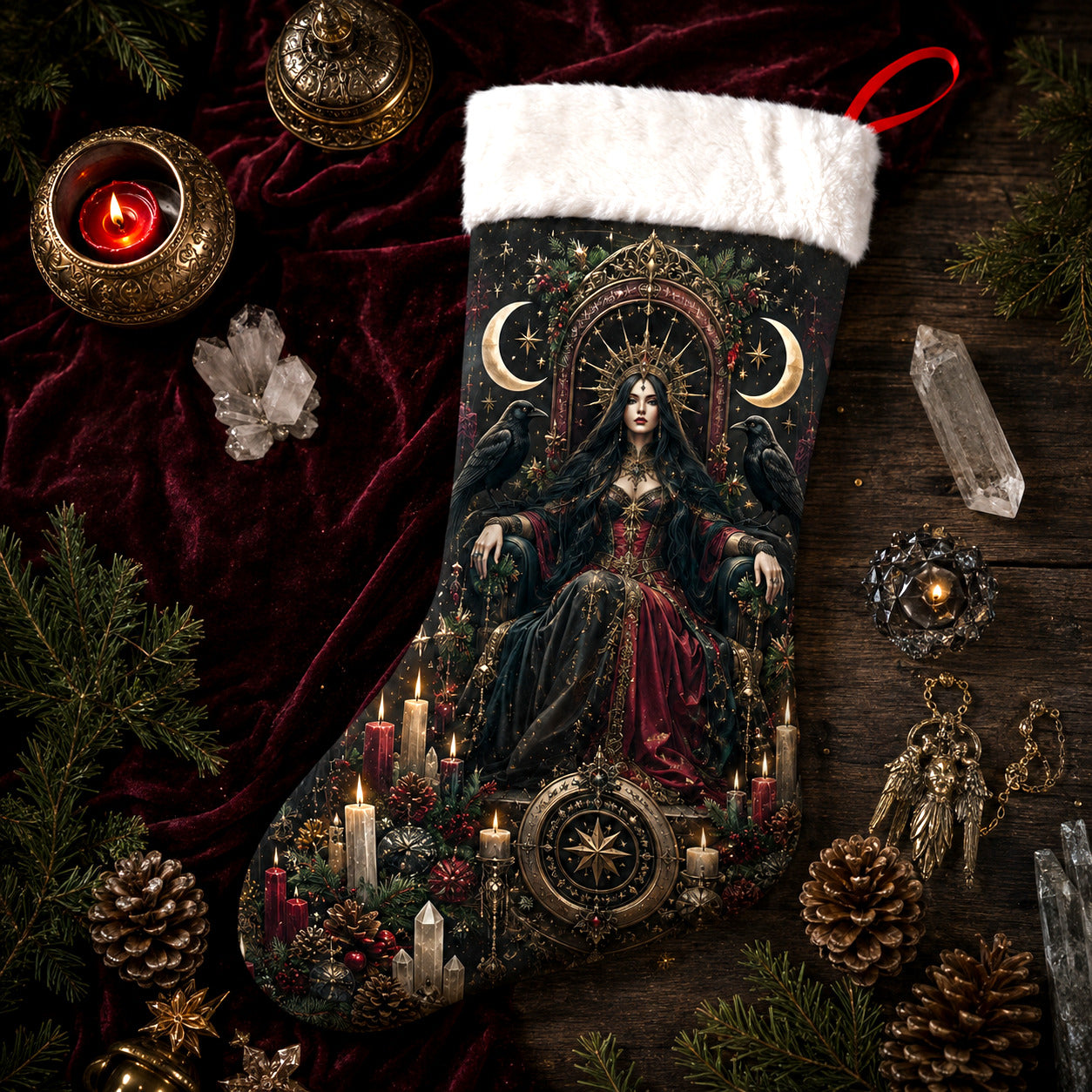 Dark Queen Christmas Stocking Gothic Victorian Witch Yule Decor, styled shot 4