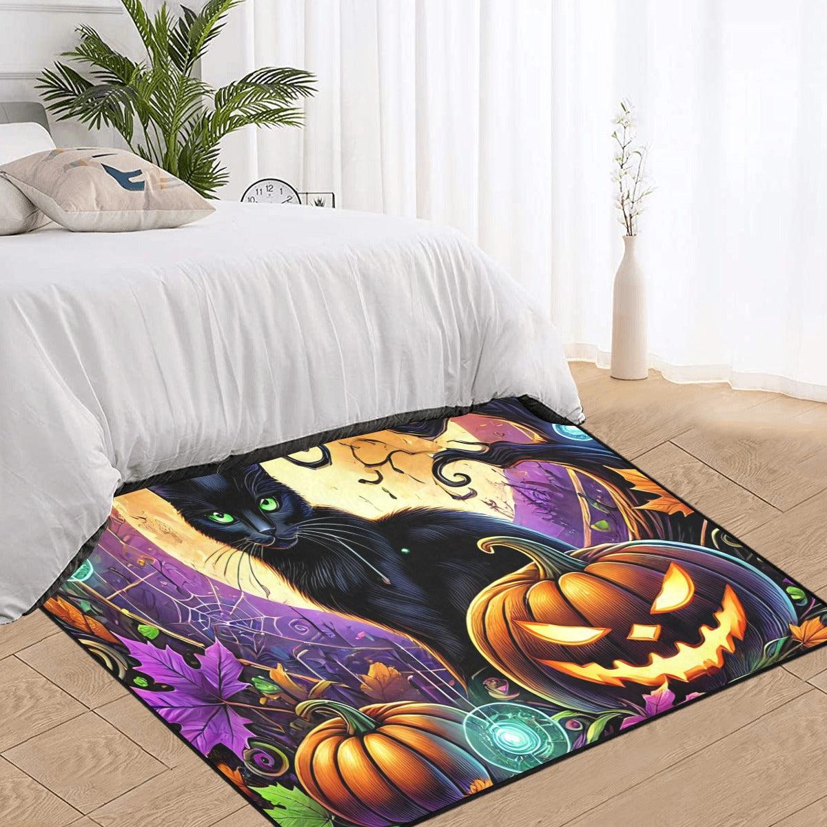 Pumpkin Black Cat Area Rug Witchy Cat Halloween Carpet-MoonChildWorld