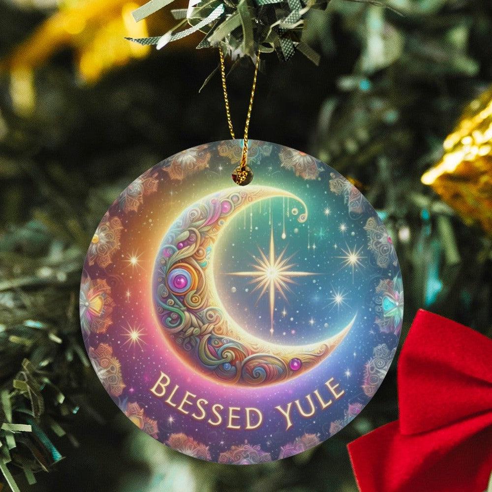 Crescent moon star Ceramic Christmas Ornament for Pagan Yule Decor-MoonChildWorld