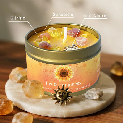 Joy & Happiness candle labeled with citrine, sunstone crystals, and sun charm