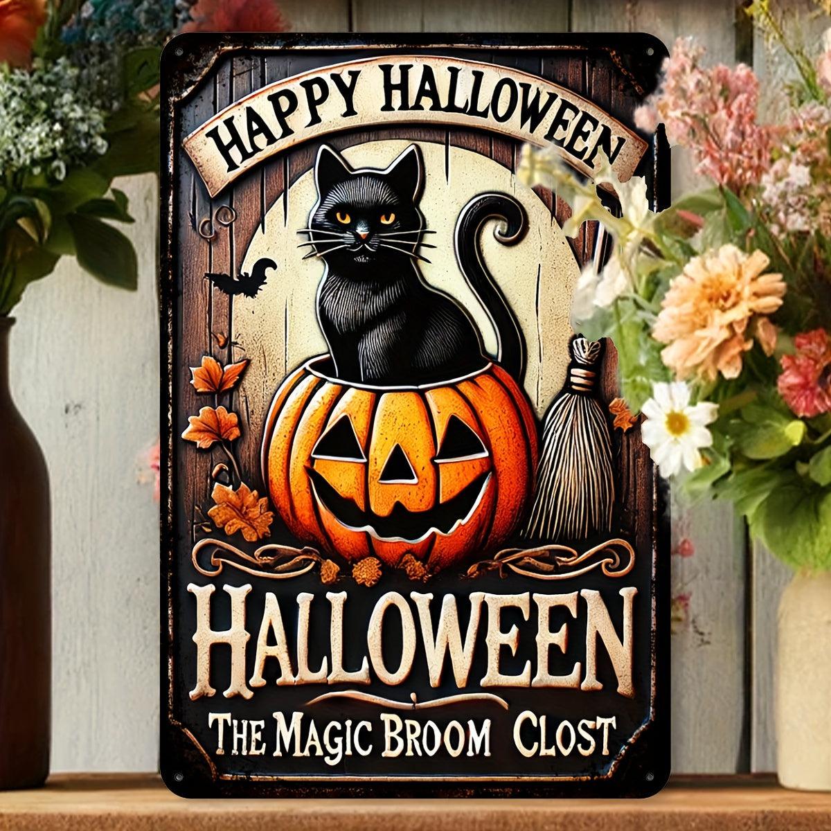 Pumpkin & Black Cat Wall Sign Halloween Welcome Sign-MoonChildWorld