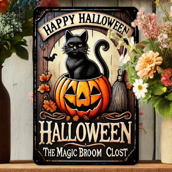 Pumpkin & Black Cat Wall Sign Halloween Welcome Sign