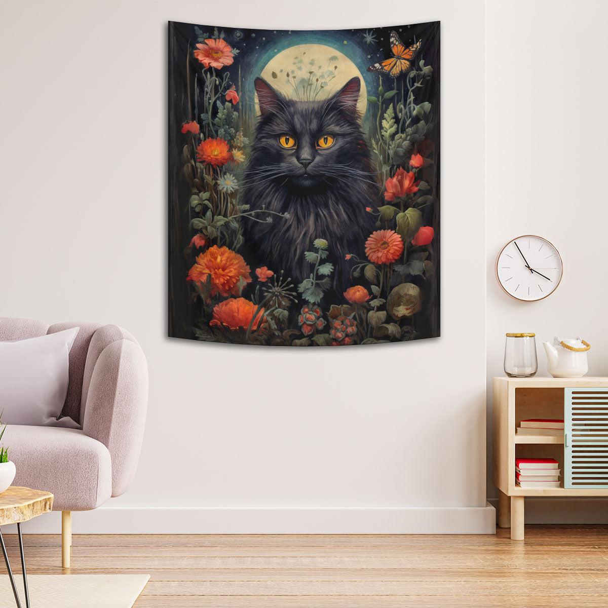 Floral Black Cat Tapestry Occult Cat Wall Hanging-MoonChildWorld