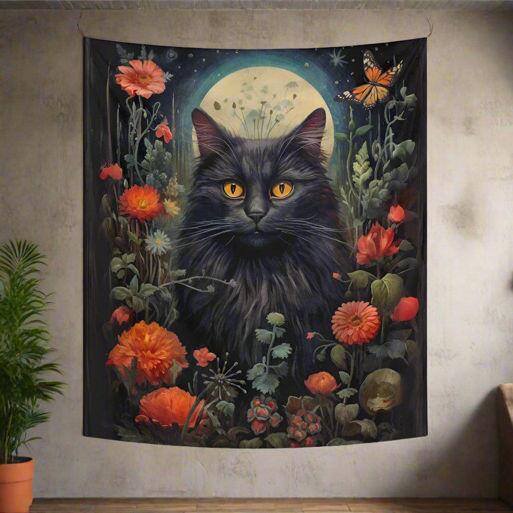 Floral Black Cat Tapestry Occult Cat Wall Hanging-MoonChildWorld