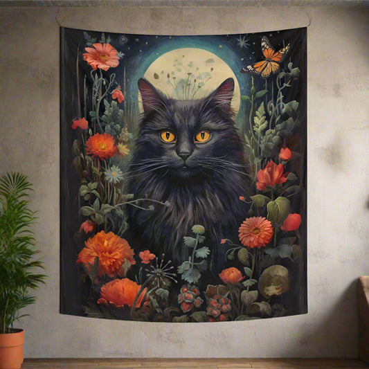 Floral Black Cat Tapestry Occult Cat Wall Hanging