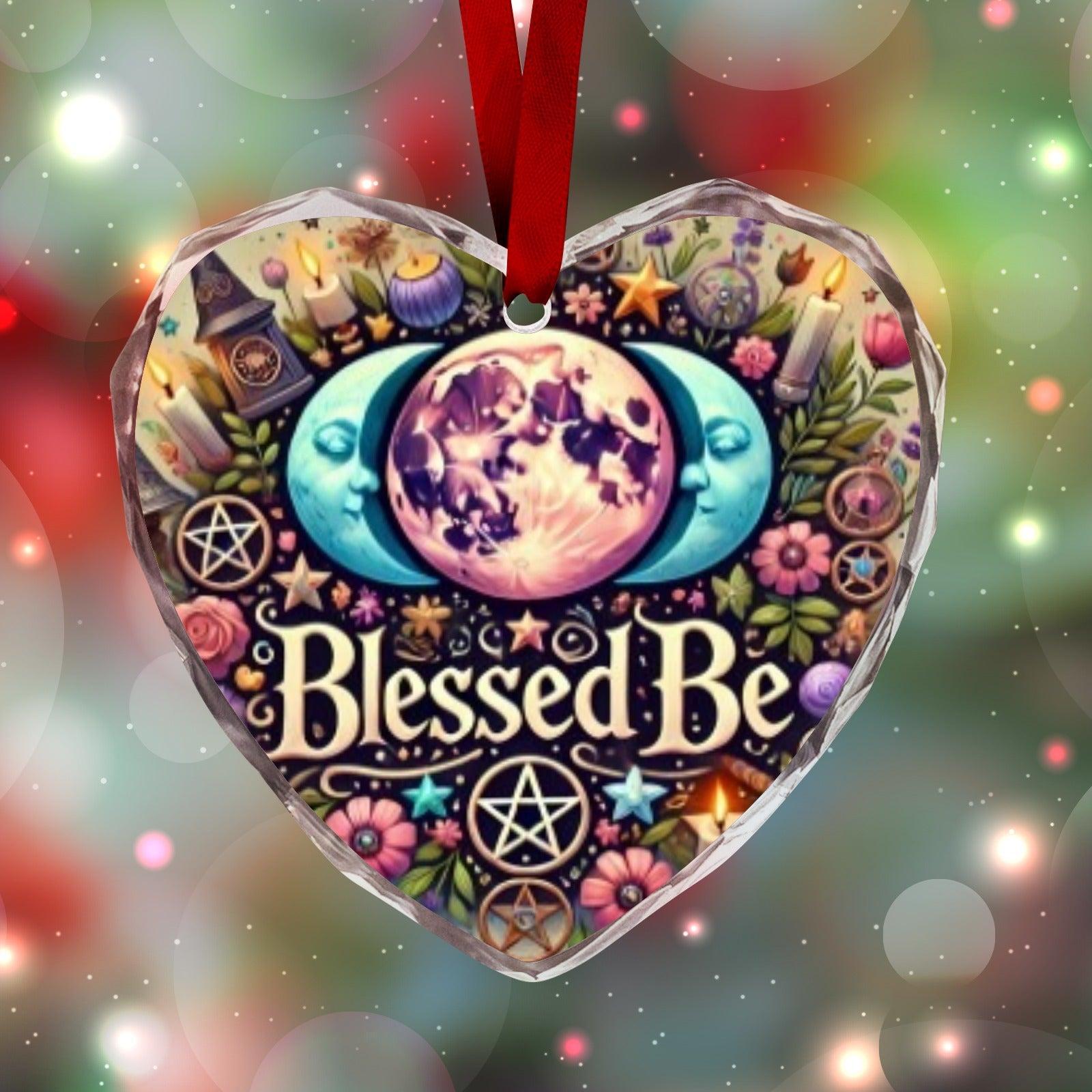 Pentacle Triple Moon Pagan Christmas Heart-Shaped Crystal Glass Ornament-MoonChildWorld